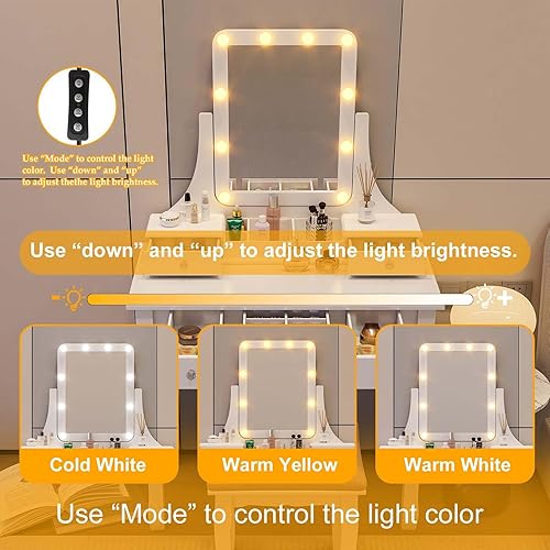 Miniatura 5 de Escritorio de tocador con espejo y luces, tocador de maquillaje con luces y cajones, mesa de tocador de maquillaje con iluminación, juego de tocador