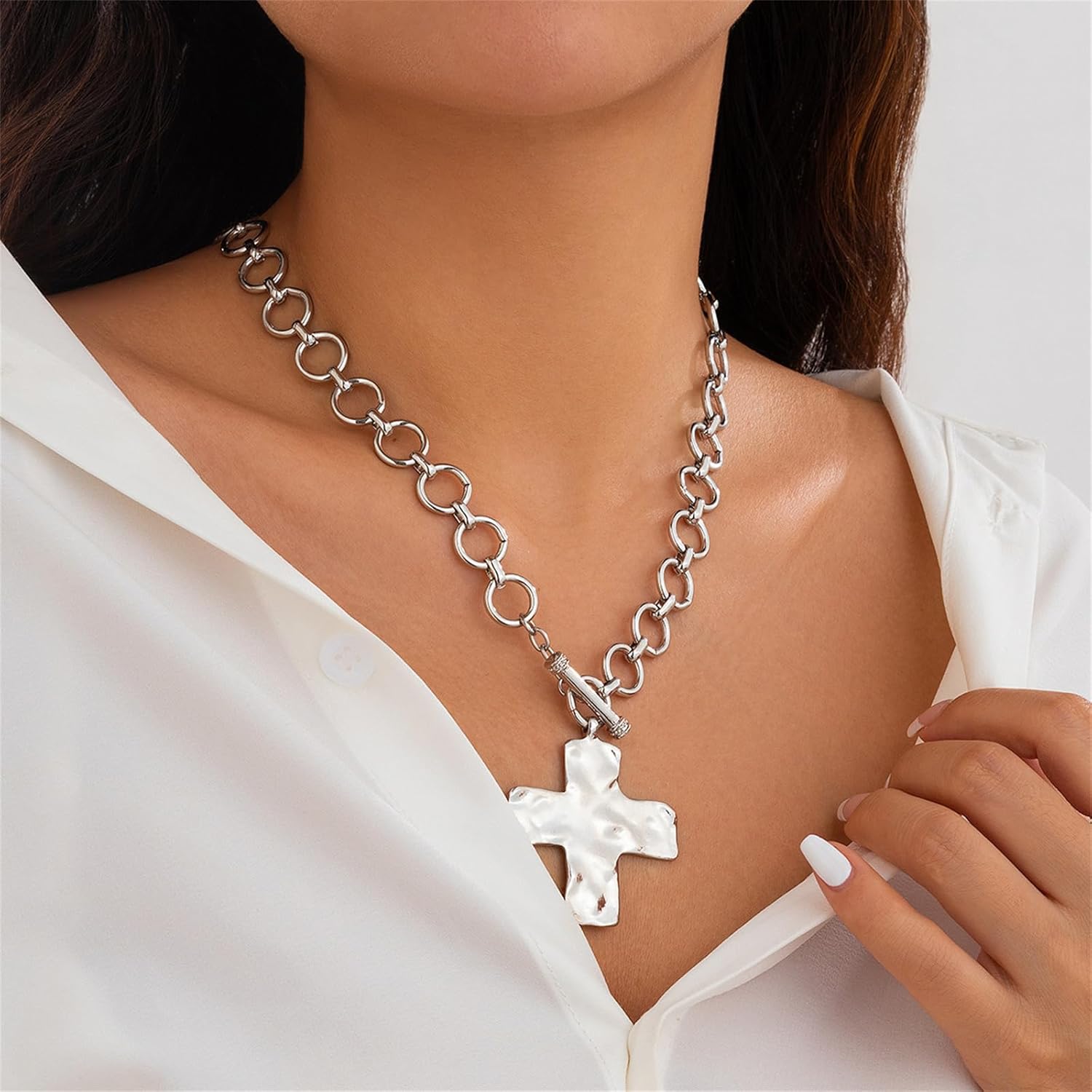 Chunky Cross Necklace for Women,Large Cross Pendant Necklace Statement Thick Chain Necklace Vintage Toggle Clasp Necklace Trendy Jewelry - Image 3