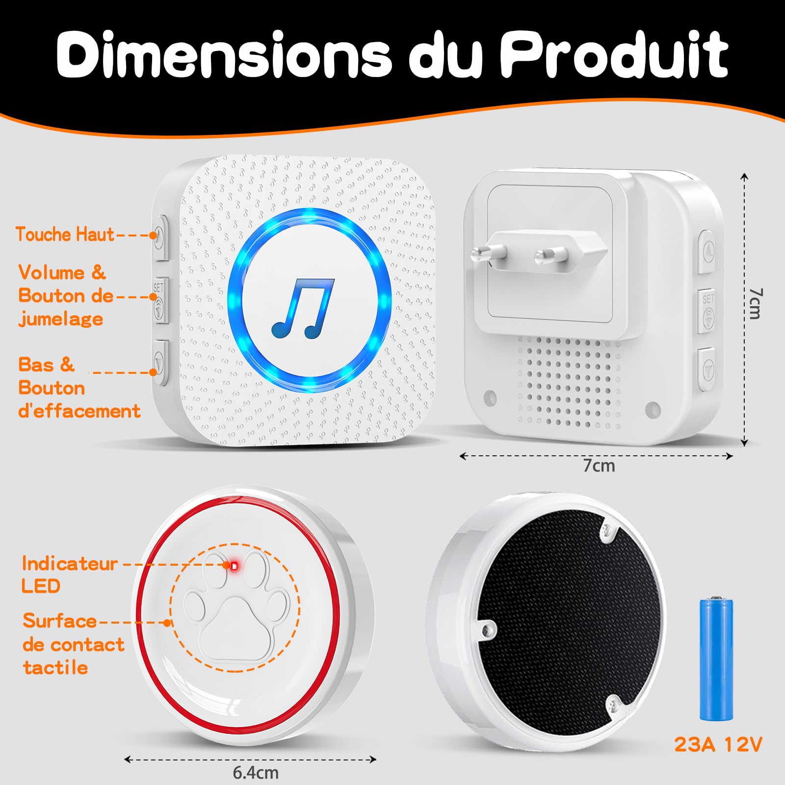ChunHee Sonnette pour Chien Porte/Carillon pour Chat/Cloche Porte Chien - Entraînement aux Toilettes, sans Fil Étanche IP55, 55 Mélodies (1 Récepteur + 1 Émetteur)