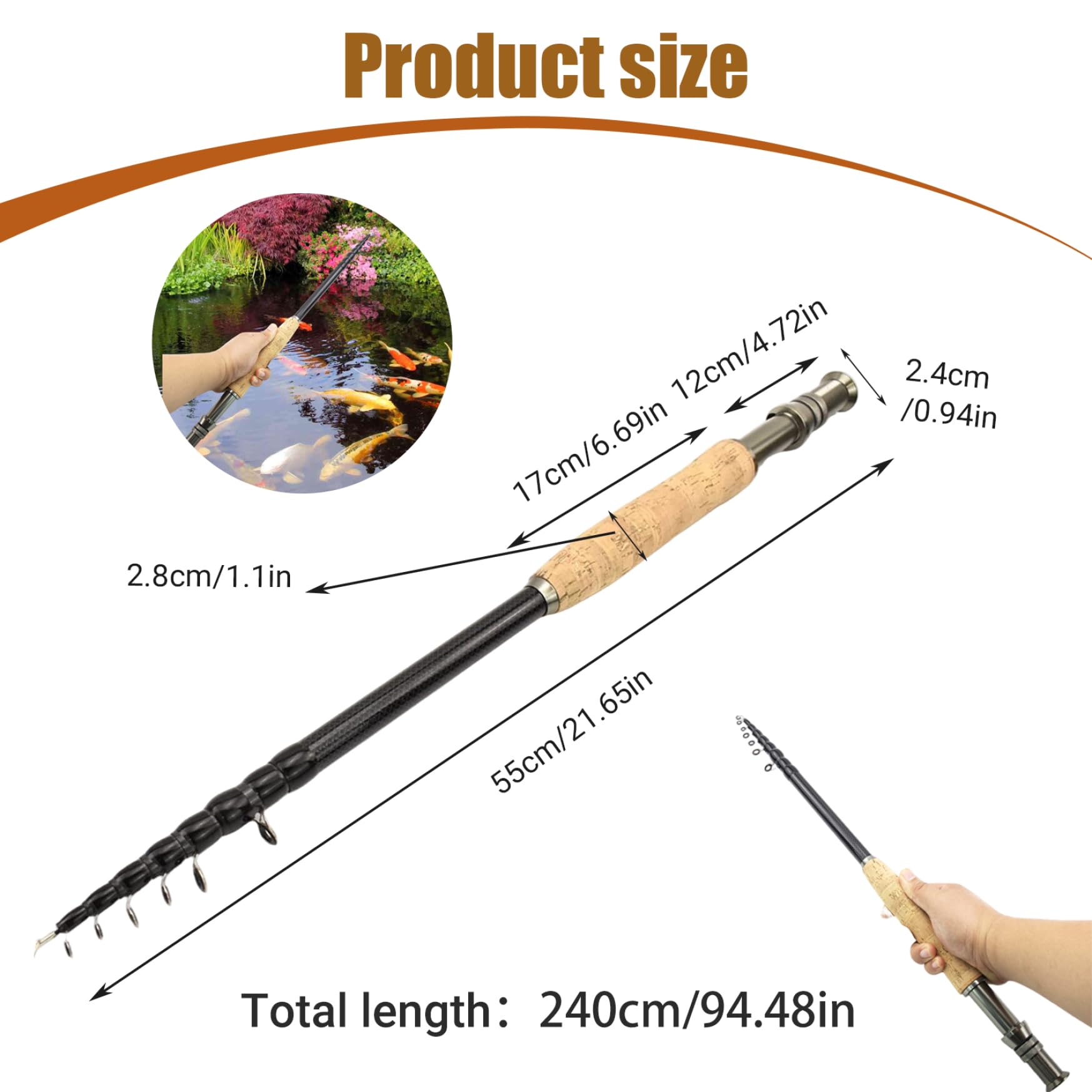 Varilla de Pesca telescópica de 7, 9 pies y Ligera caña de Pesca de Mosca de Carbono portátil y Ligera con Mango Suave para Accesorios al Aire Libre, Fibra de Carbono