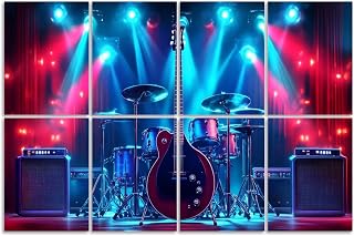 8 Pack Art Acoustic Panels Sound Absorbing Guitar Vintage Cave Electric Drum Set Amplifiers Stage Lights Decorative Soundproof Wall Panels Self Adhesive for Recording Studios Office 48"x32"