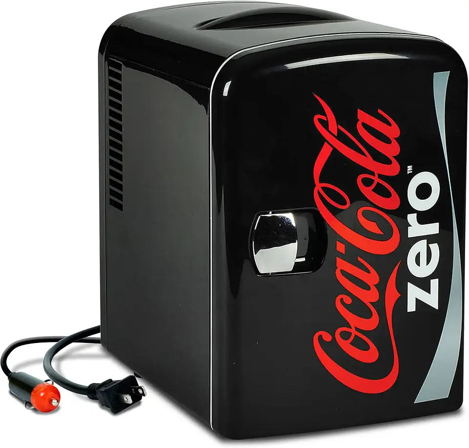 Mini geladeira Coke Zero – geladeira para quarto, escritório, mesa portátil, refrigerador de bebidas, 12 V CC/220 V, refrigerador para bebidas, refrigerante, vinho, uso no carro, dormitório, ao ar