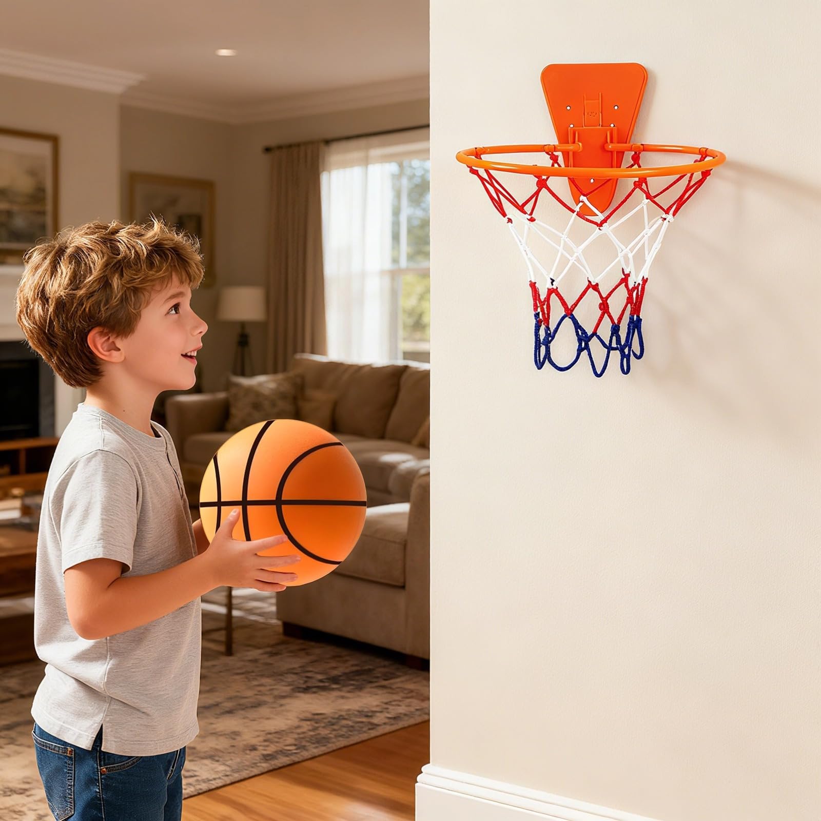 PONDON Balón de baloncesto silencioso de espuma suave, 7 rayas naranjas con borde y red para el hogar, sin ruido, pelota de regate interior, material de poliuretano para jugadores jóvenes