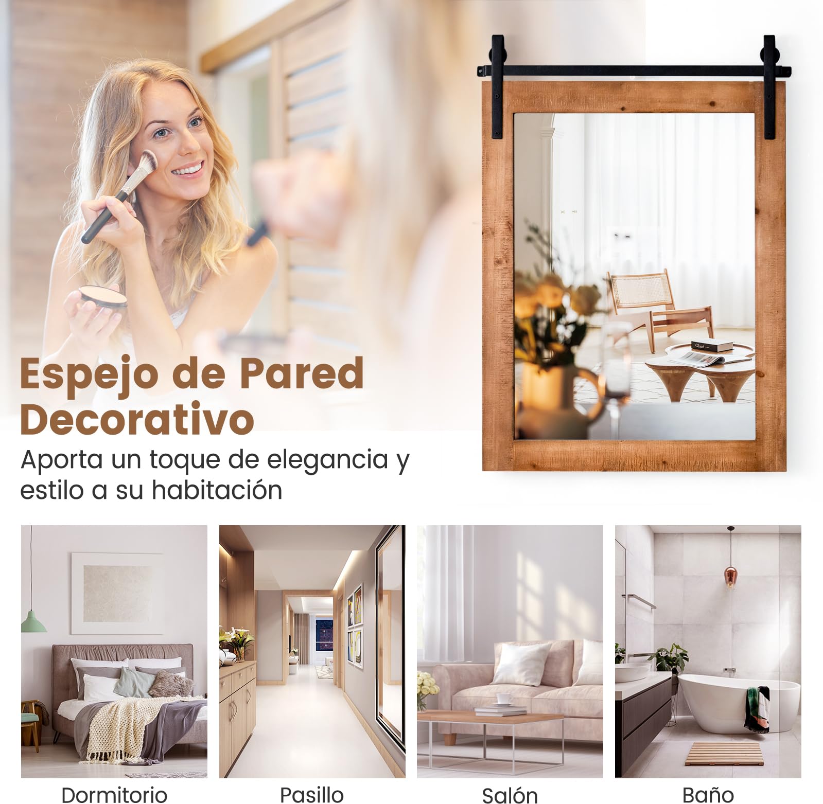 RELAX4LIFE Espejo Decorativo de Pared de 76x55cm, Espejo Pared con Marco de Madera de Abeto y Soporte de Metal para Salón, Dormitorio, Baño, Recibidor y Entrada (Natural)