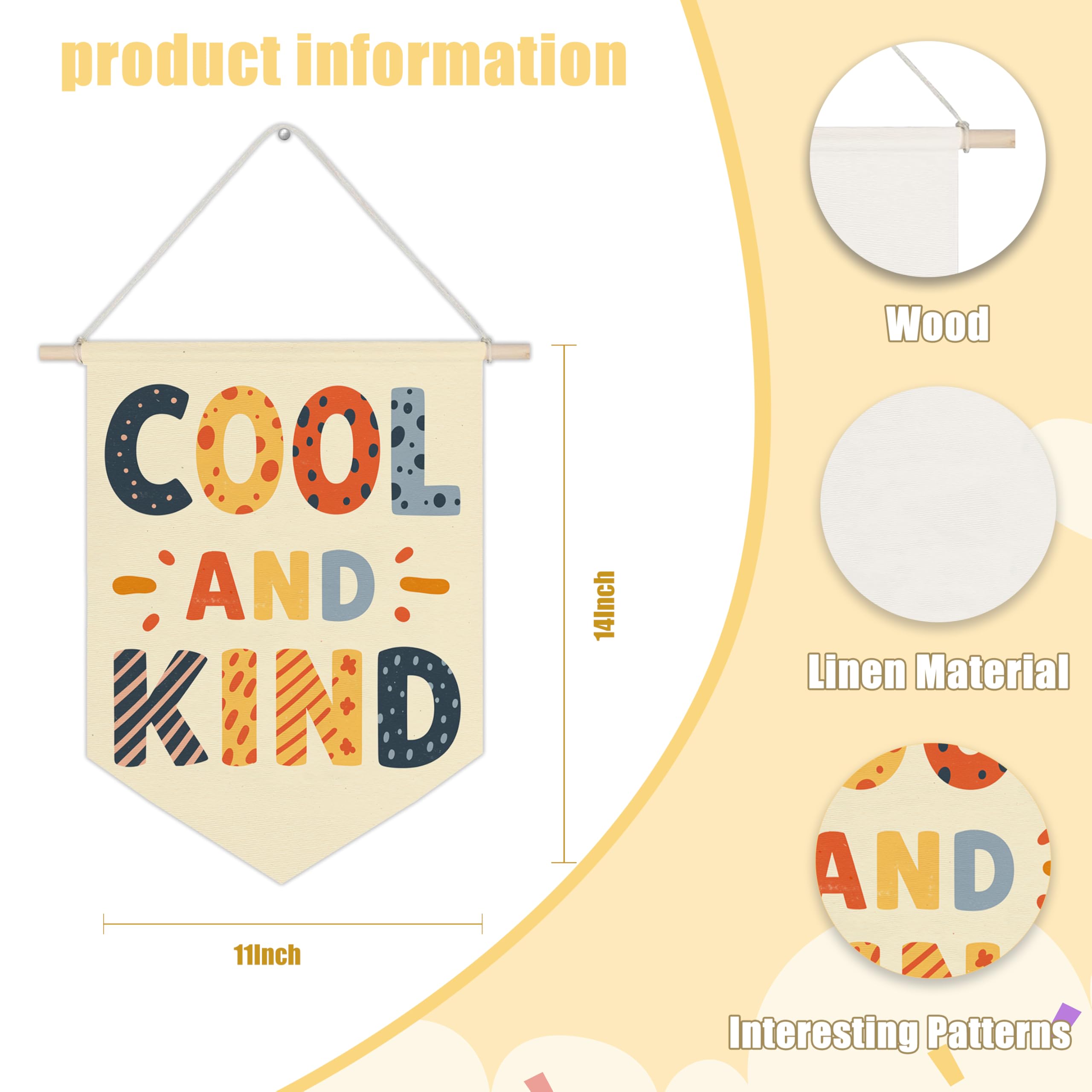 WUCHJ Kids Room Canvas Wall Banners, Cool and Kind Nursery Hanging Display Pennant Flags, Inspirational Wall Decor for Kids Nursery Toddler Room Bedroom Playroom Classroom 11x14 Inch