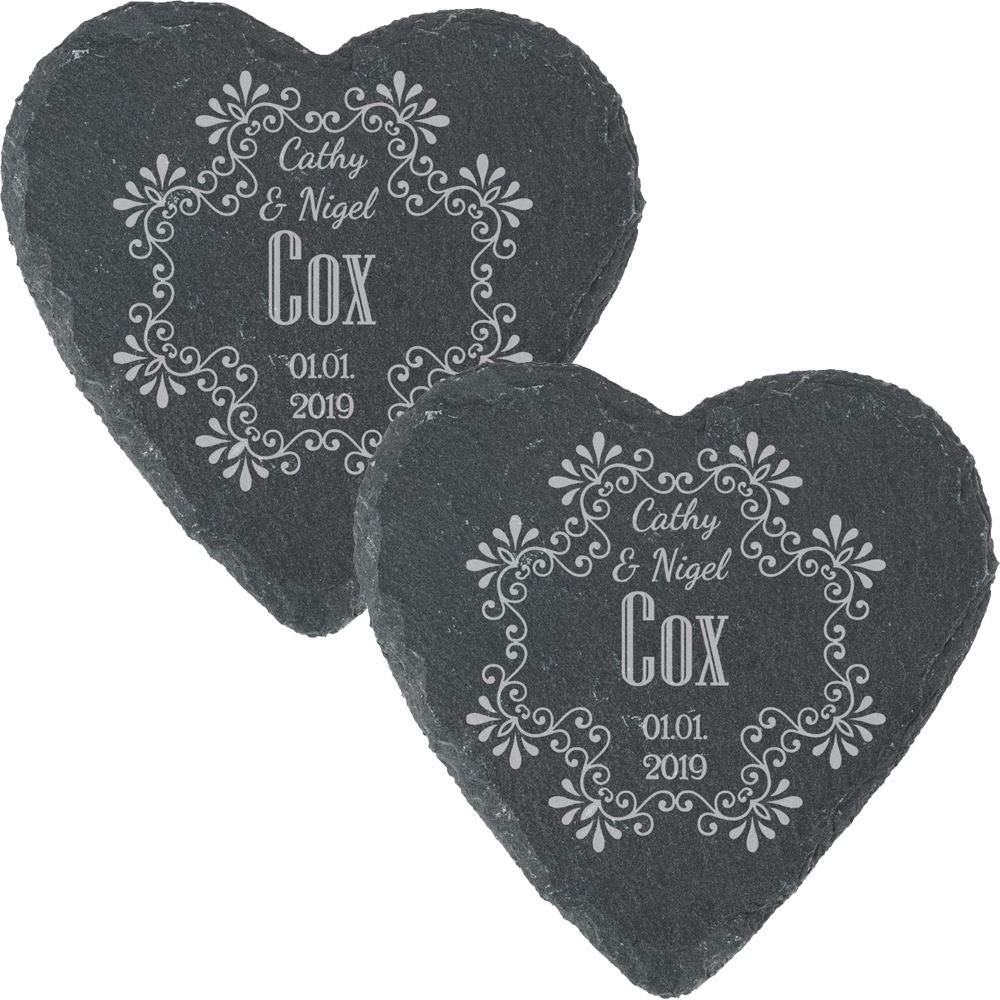All Things Personalised Set Of 2 Personalised Engraved Heart Slate Wedding Coaster With Names