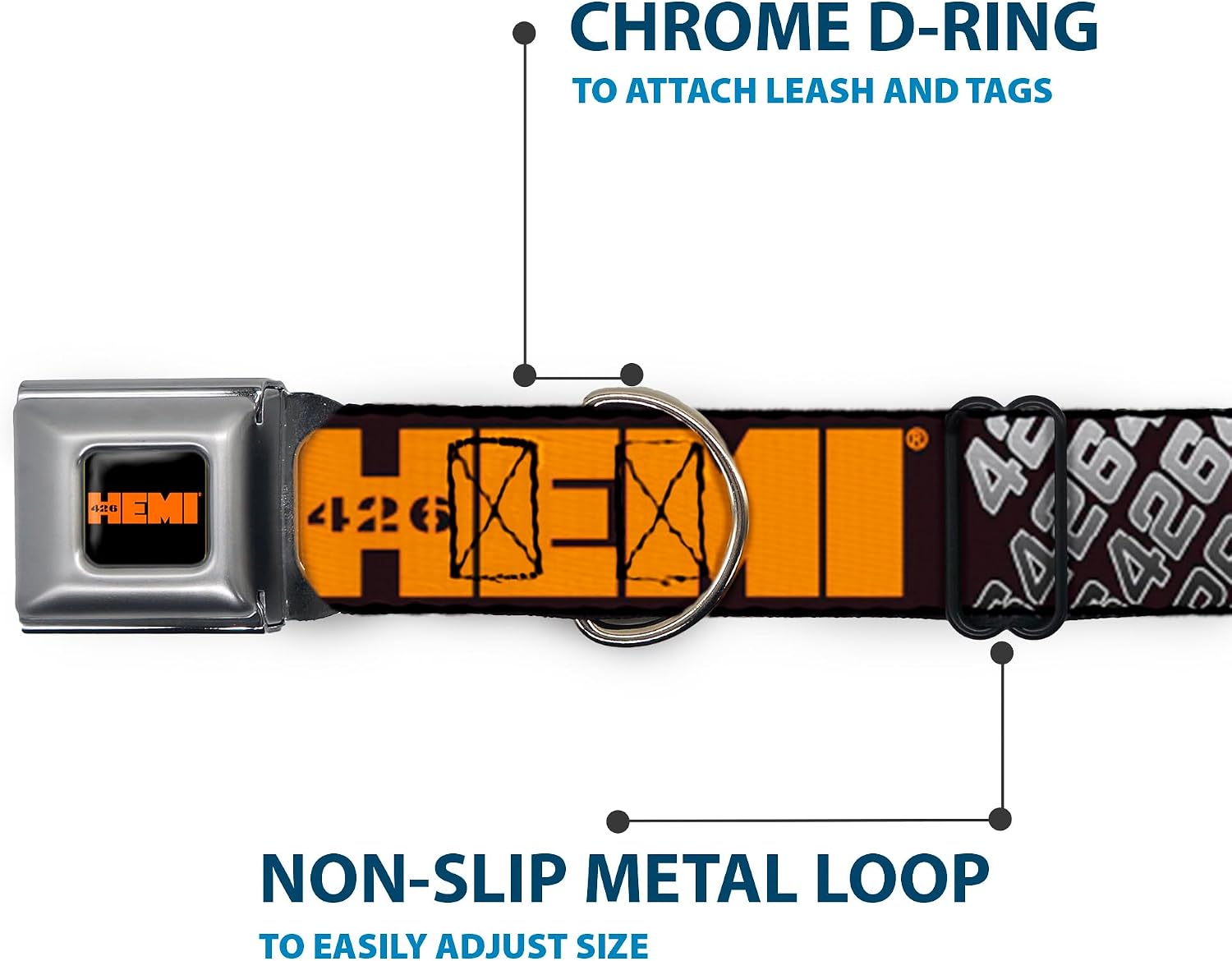 Buckle-Down Seatbelt Buckle Dog Collar - HEMI 426 Logo 392/426 Black/Orange/Silver-Fade - 1" Wide - Fits 15-26" Neck - Large