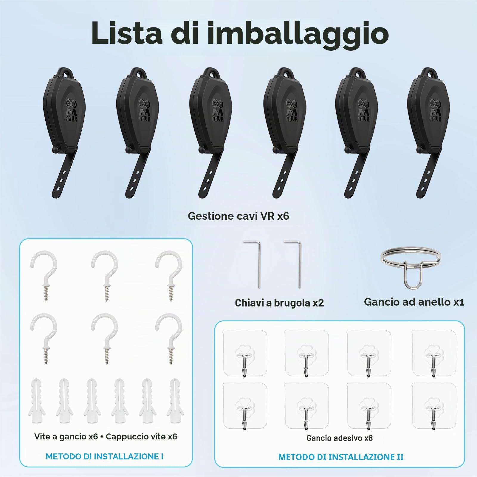 AMVR Gestione cavi VR, 6 confezioni di sistema retrattile a soffitto per Quest 3S/3/2/PSVR/PSVR 2/Rift/Rift S/Valve Index/HTC Vive/Vive Pro/HP Reverb G2/PSVR Link Cable (nero)
