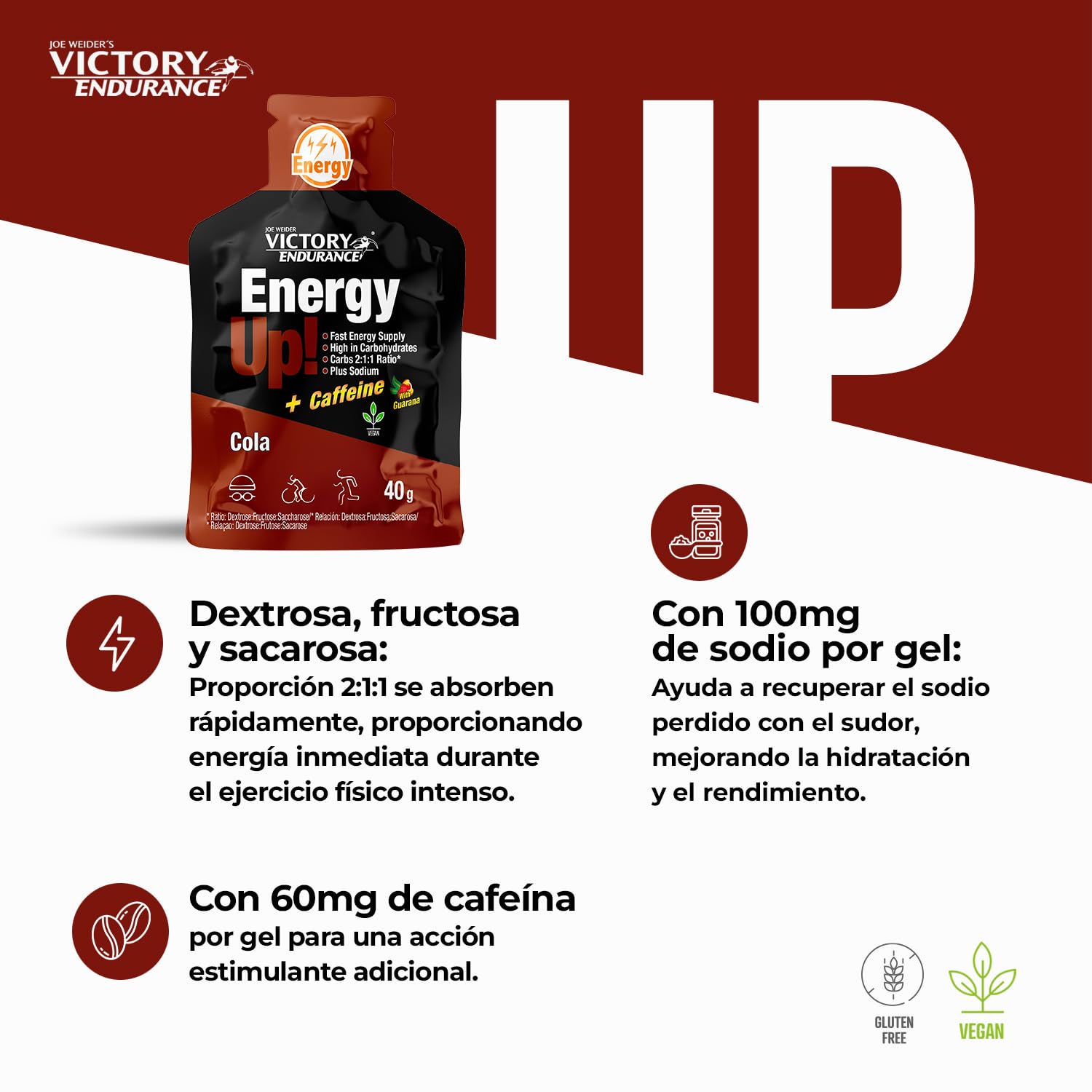 VICTORY ENDURANCE Energy Up Gel Cafeína Sabor Cola, con cafeína, con plus de sodio, Energía inmediata, 40 g (Paquete de 24) (WVE.129130)