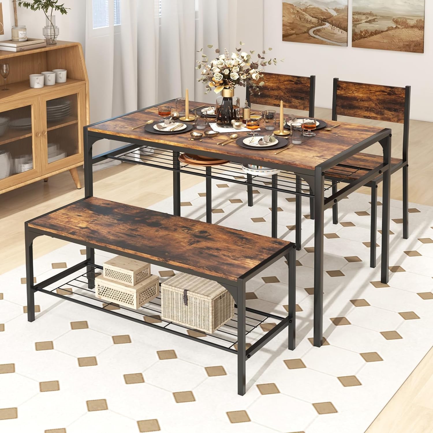 GIANTEX Juego de Mesa de Comedor para 4, Mesa Rectangular con 2 Sillas, 1 Banco, Estantes, Marco de Metal Resistente, Juego de Comedor de 4 Piezas, Comedor, Cocina (Marrón Rústico)