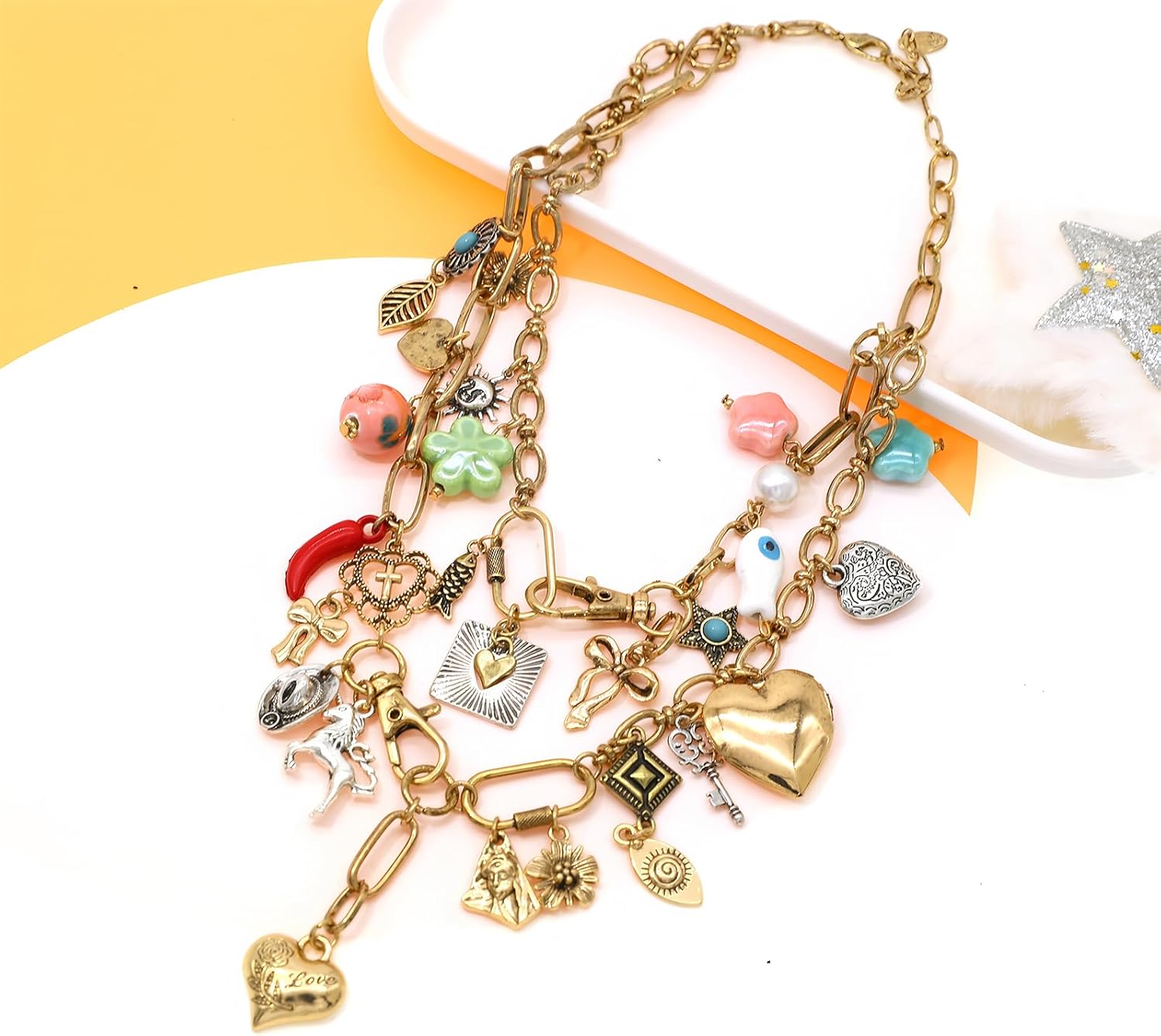 JNF Chunky Layer Heart Charm Necklace for Women Boho Heart Sun Flower Key Coins Charms Necklaces Paperclip Link Chain Necklace Summer Beach Statement Jewelry