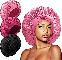 Vista 22 de 3 gorros para dormir, gorro de seda extra satinado para mujeres que duermen con banda de amarre para cabello rizado, trenzas de capó jumbo