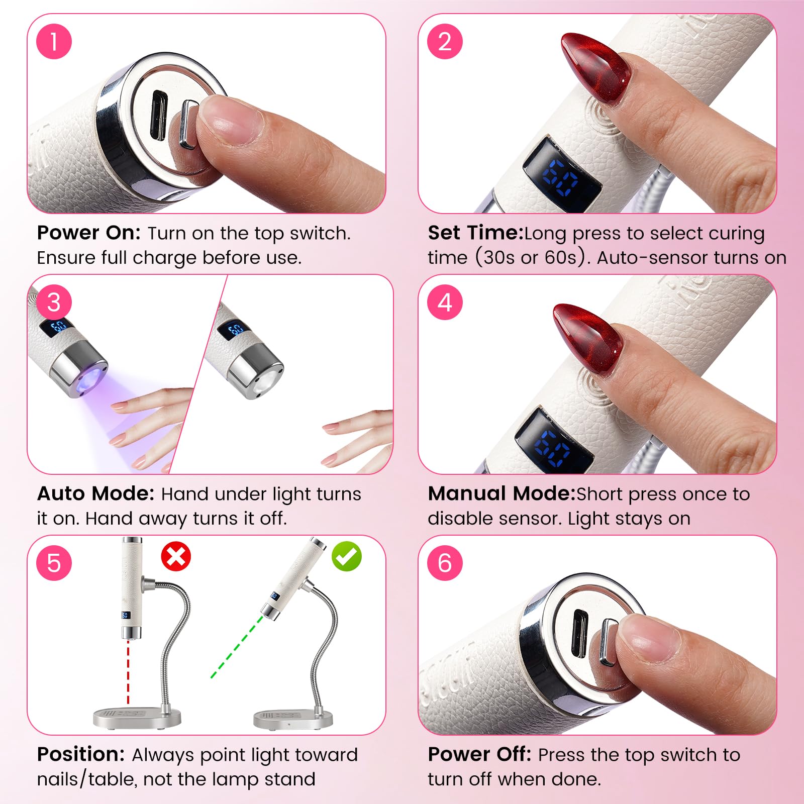 Mini lampada U/V per unghie in gel, ricaricabile e portatile, luce a LED per polimerizzazione con supporto, asciugatura rapida, lampada U/V con sensore automatico, per manicure domestica e salone