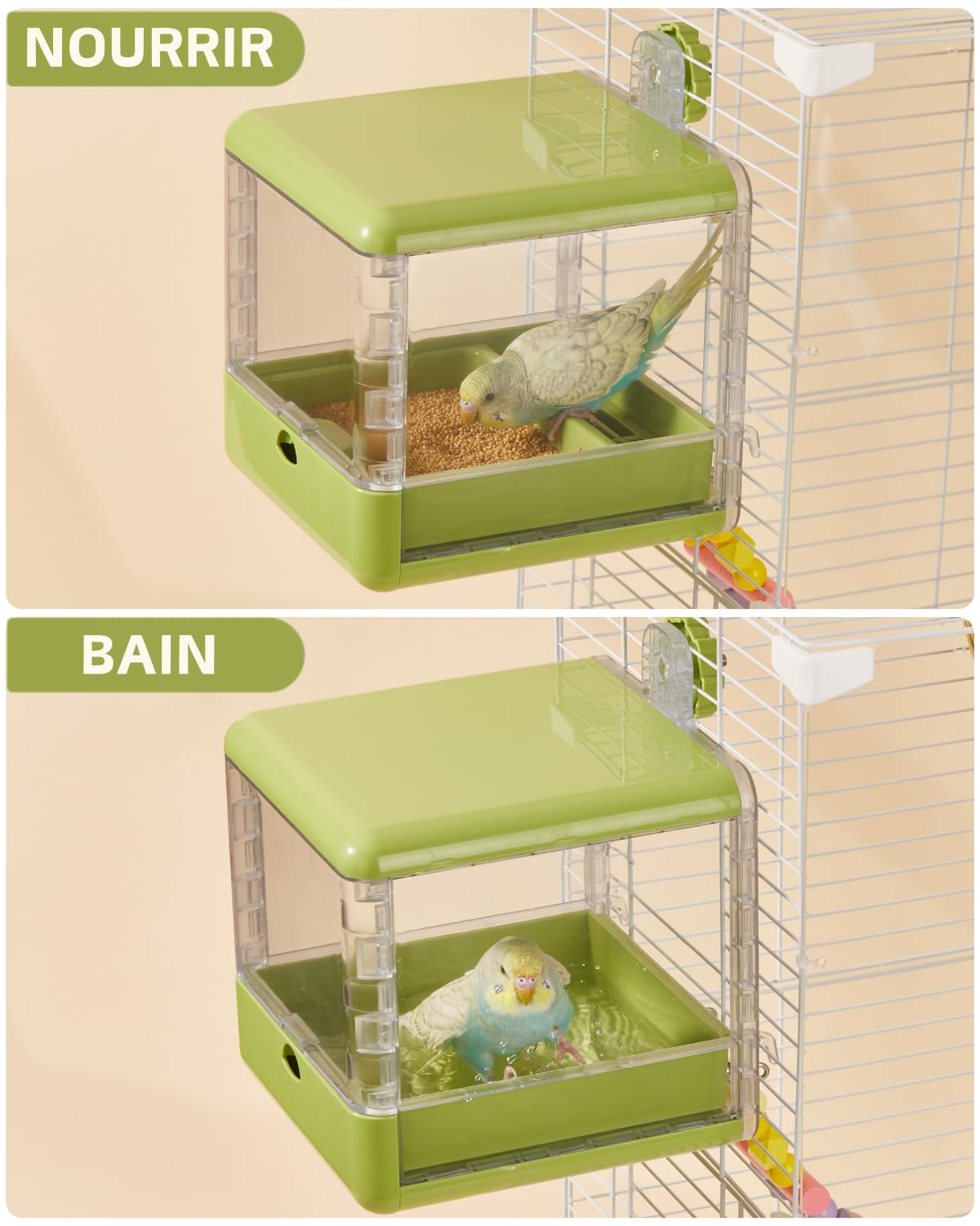 Bain d'oiseaux pour Cage, Bol Suspendu pour Oiseaux, Accessoires pour Cage à Oiseaux adaptés aux Oiseaux de Petite et Moyenne Taille, perroquets, inséparables, pinsons, perruches (Vert)