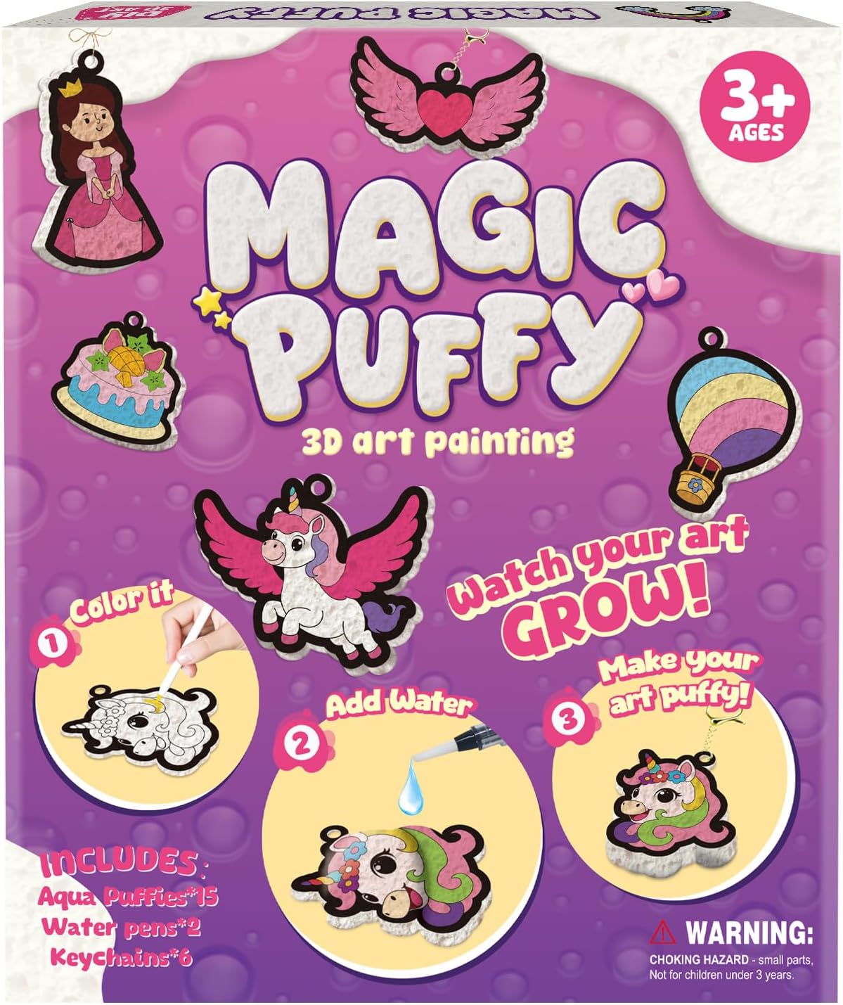 Artnedu Magic Puffy Paint Kit-3D Art Kit,Princesses & Unicorns,DIY Keychain | Color Activity, Mess-Free Paint by Number Craft for Kids, Birthday Christmas for Girls & Boys Ages 4, 5, 6, 7, 8, 9, 10