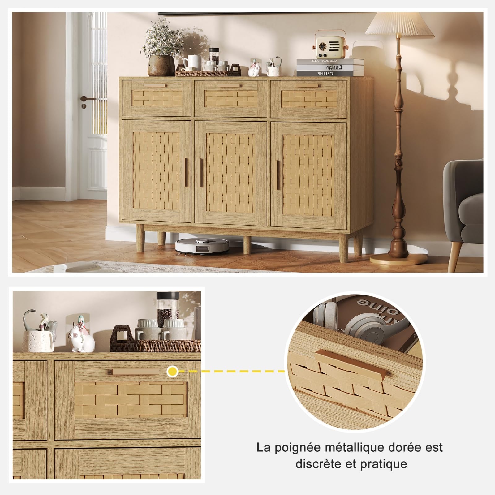 Kredens rattanowy z 3 szufladami i 3 drzwiami, szafka do przechowywania 107,9 x 40 x 80 cm z szafkami na drzwi, komoda z szufladami z nogami, kredens do przechowywania do przedpokoju, wejścia