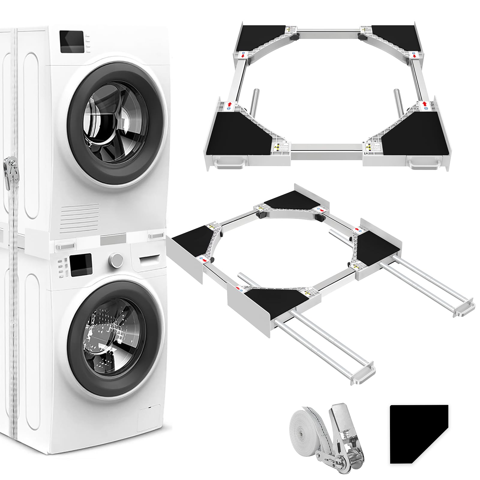 NIUXX Kit sovrapposizione lavatrice asciugatrice, con 4 aste telescopiche, Telaio Intermedio Universale per Lavatrice e Asciugatrice con Cinghie Cricchetto, misura regolabile (46-66 cm)