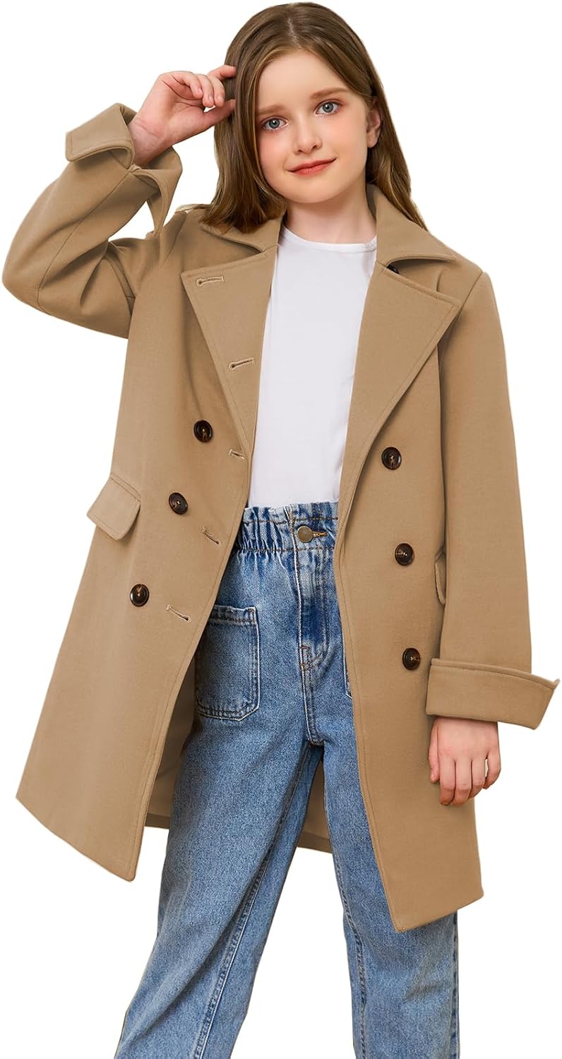 Girls Coat Double Breasted Notched Collar Wool Blend Long Trench Coat Winter Warm Peacoat Dress Coat with Pockets - Image 3