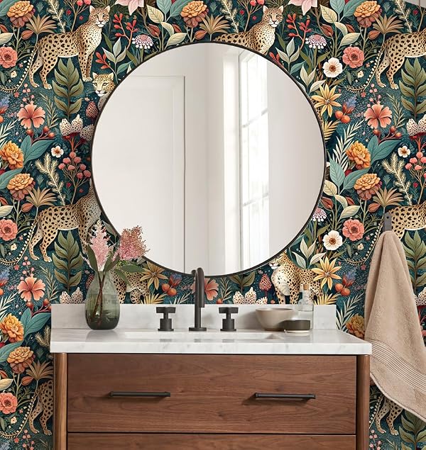 HAOKHOME Forest Peel and Stick Wallpaper Floral Jungle Leopard Animal Forest Removable Stick on Contact Paper for Home Decor Green/Brown/Pink 17.3in x 9.8ft by HAOKHOME - Image 3