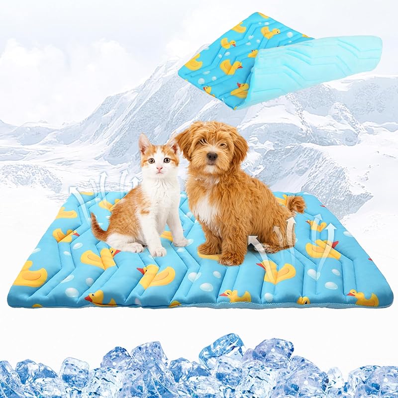 Colchonete Refrescante Dupla Face para Gatos e Cães Pequenos KOOLTAIL com Estampa de Pato, Lavável e Impermeável, Azul Grande