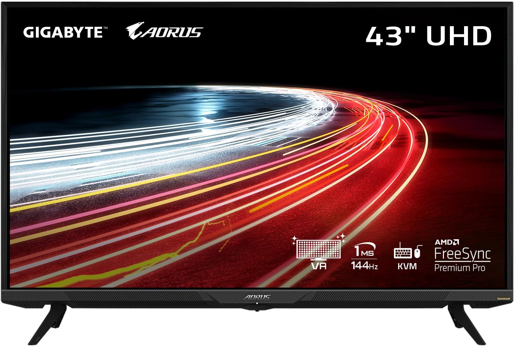 GIGABYTE AORUS FV43U 43" 144Hz 2160p HBR3, NVIDIA G-SYNC Compatible, Exclusive Built-in ANC, 3840x2160 Display, 1ms Response Time, HDR, 96% DCI-P3, 1 DisplayPort 1.4, 2 HDMI 2.1, 2 USB 3.0, 1 USB C