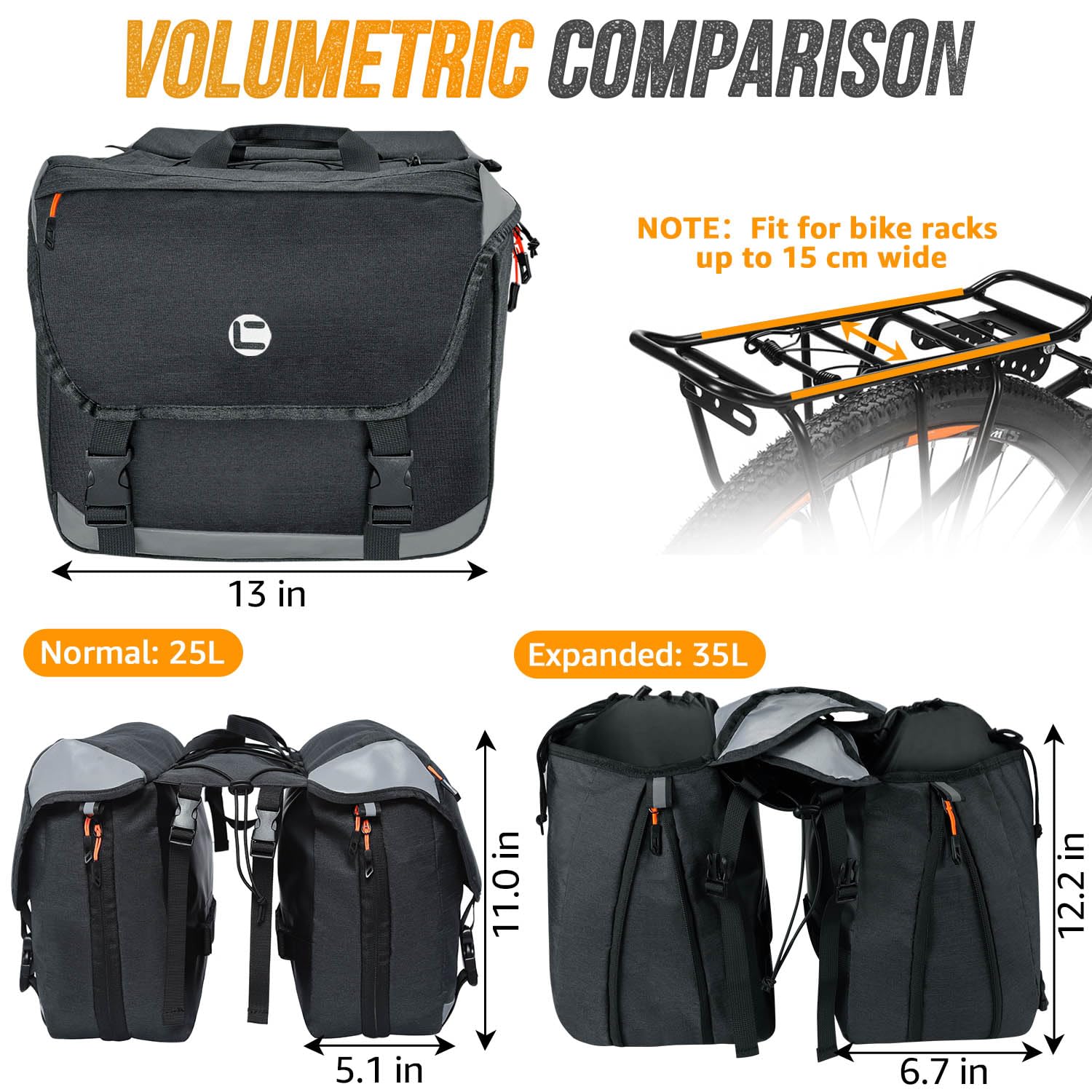 WOTOW Accessori per bici Borse laterali per bicicletta - Borsa per portapacchi posteriore per bici resistente all'acqua da 35 litri con finiture e maniglia riflettenti, borse da sella per bici