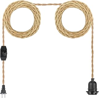 Plug in Hanging DIY Light Fixture,14.8FT Pendant Lamp Lights Rope Cord E26 Bulbs Socket (Natural Brown+Hemp Rope+Dimmable Switch)
