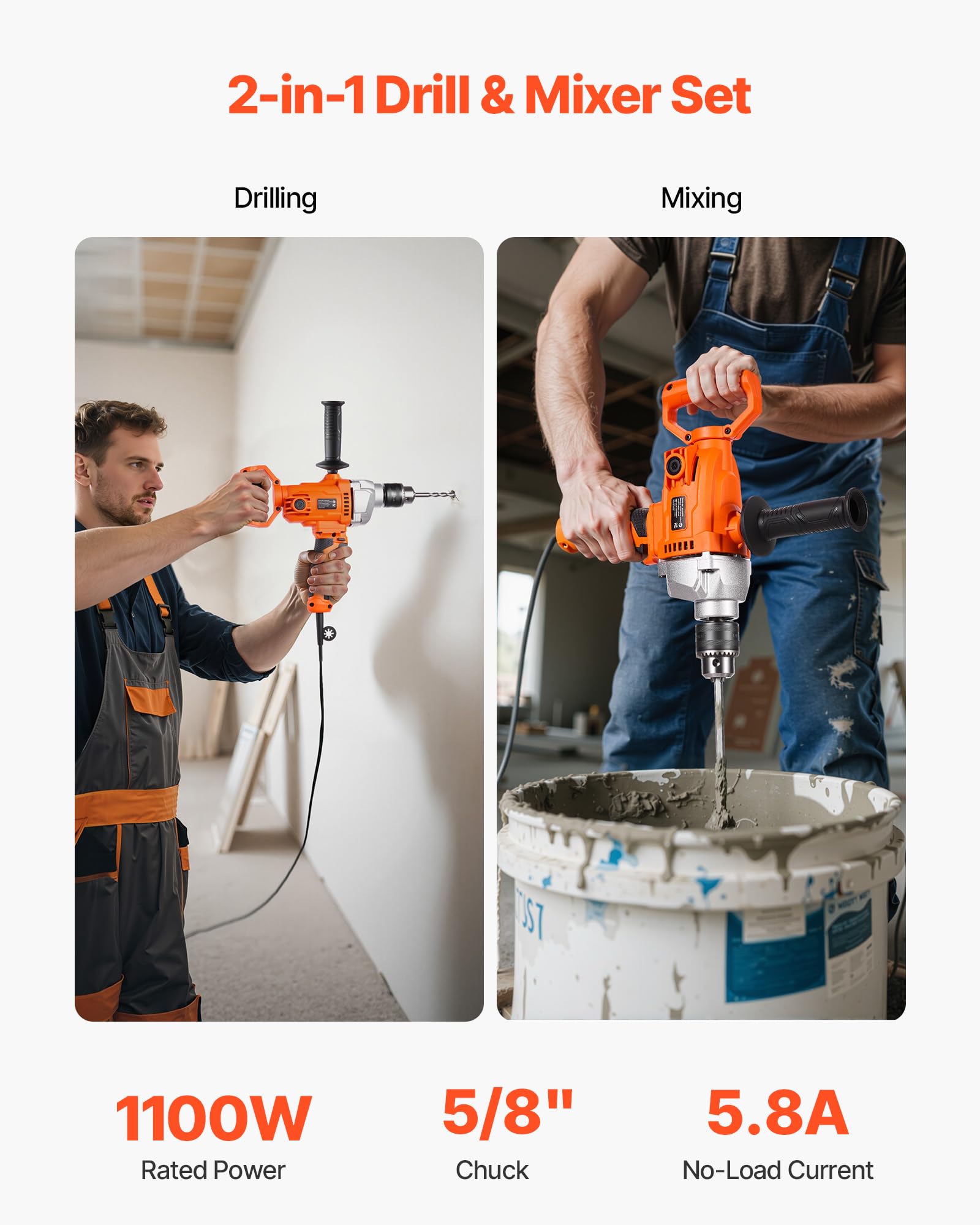 VEVOR elektrische Bohrmaschine 15,89 mm mit Mixer Bohrmaschinenmischer 850 U/min 3,2 A Mischbohrmaschine mit D-Griff zum Bohren & Mischen multifunktionale Bohrgerät mit Mischer für Futter Zement