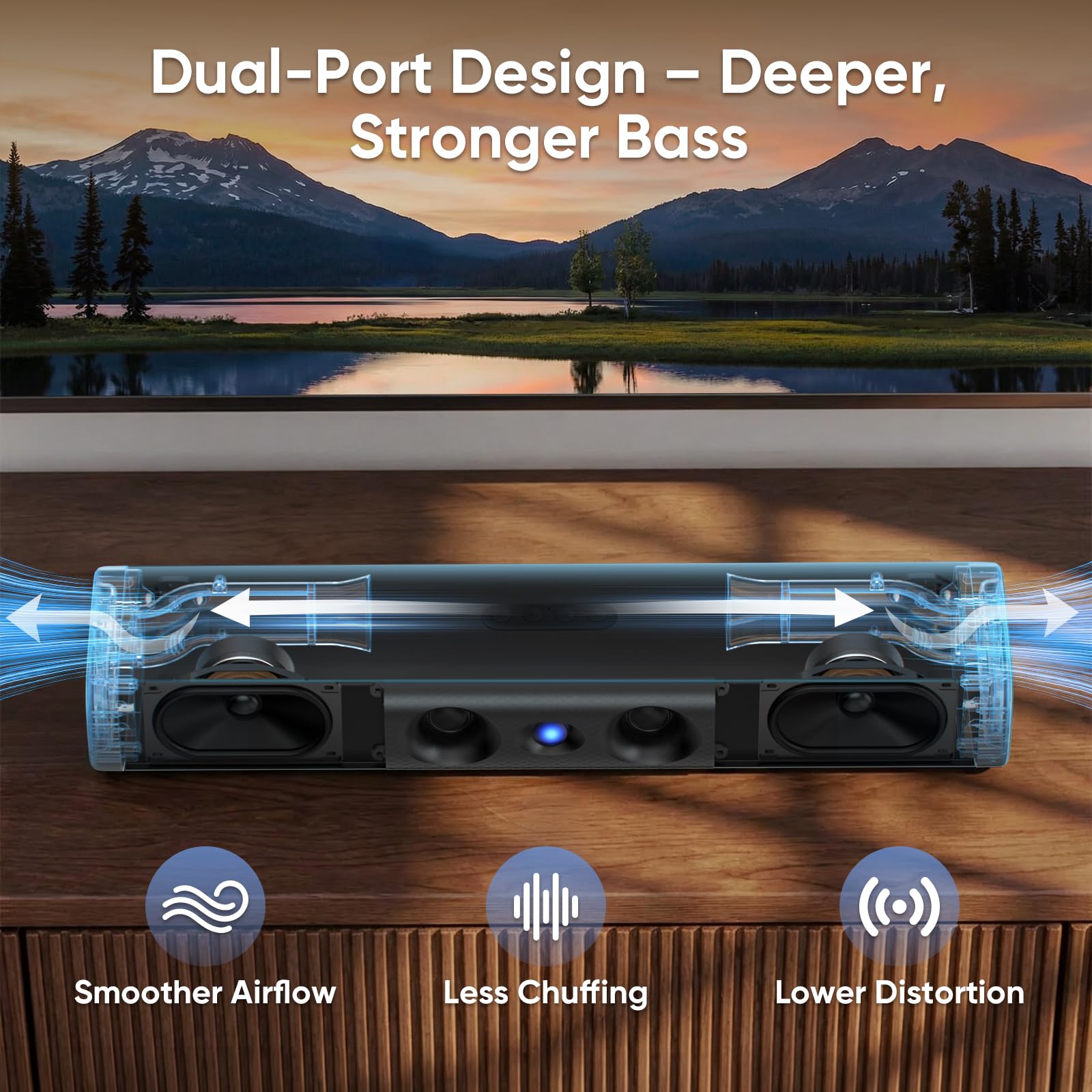 Saiyin Soundbar mit verstärktem Bass – Doppelte größere Tieftöner & doppelte Bass-Ports, Soundbar für Smart-TV mit 90W Spitzenleistung, 17,1-Zoll-Soundbar mit Bluetooth 5.3/TV-ARC/Optical/AUX-Eingang