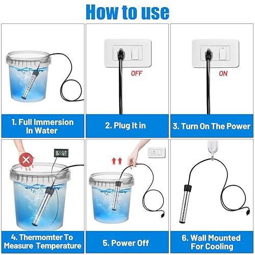 Miniatura 5 de Calentador de agua de inmersión, calentador de agua sumergible eléctrico de 2000 W con cubierta de acero inoxidable 304, calentador de cubo portátil