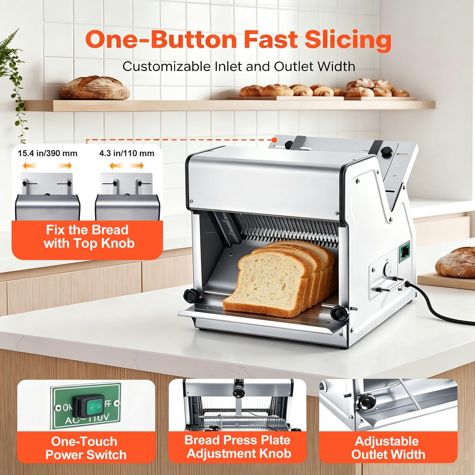 Affettatrice Professionale da 370W, in Acciaio Inox, con capacità di Taglio Fino a 12mm di Spessore, Lunghezza Regolabile, Facile da Pulire, Ideale per Toast, Pane, prosciutto, Funghi.