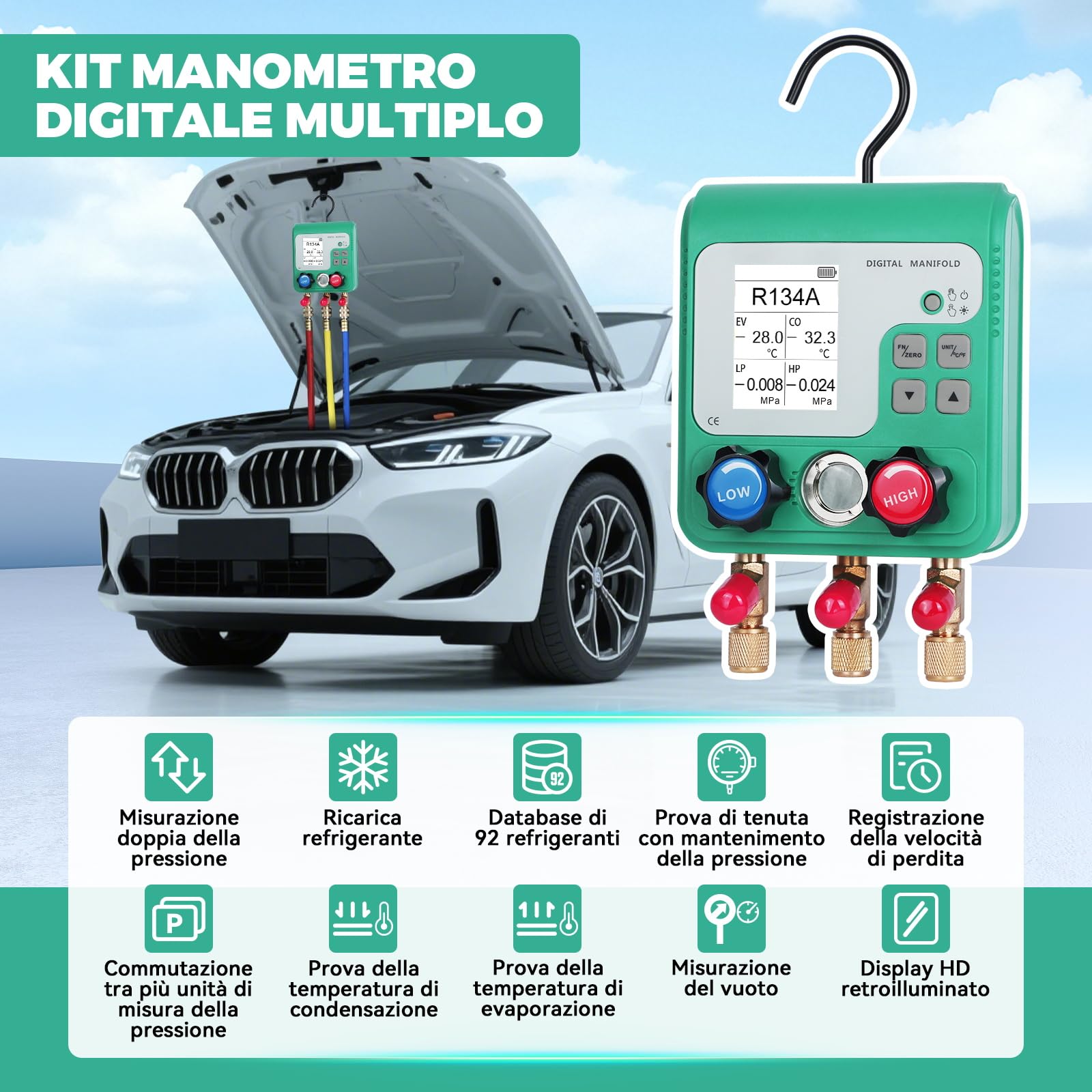 KAISAL Digitale Manometro Condizionatori Display LCD Kit Ricarica Aria Condizionata Auto Adatto alla carica di 92 refrigeranti Manifold Gauge Kit per R134A R410A R32 Refrigerante