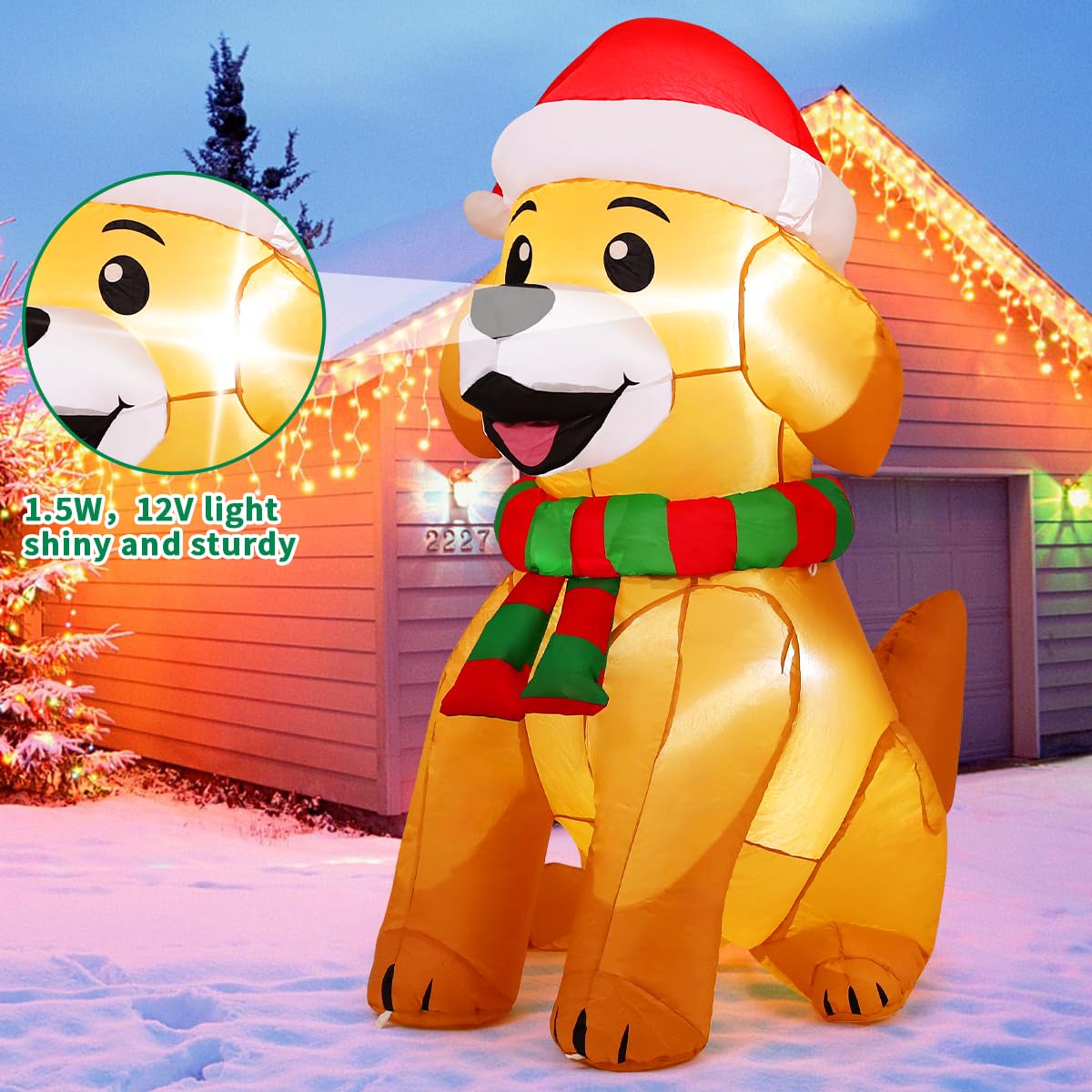 COMIN Aufblasbare Weihnachts-Dekoration für den Außenbereich, 152 cm, Golden Retriever mit integrierten LEDs für den Innenbereich, Party, Rasen, Garten, Dekoration
