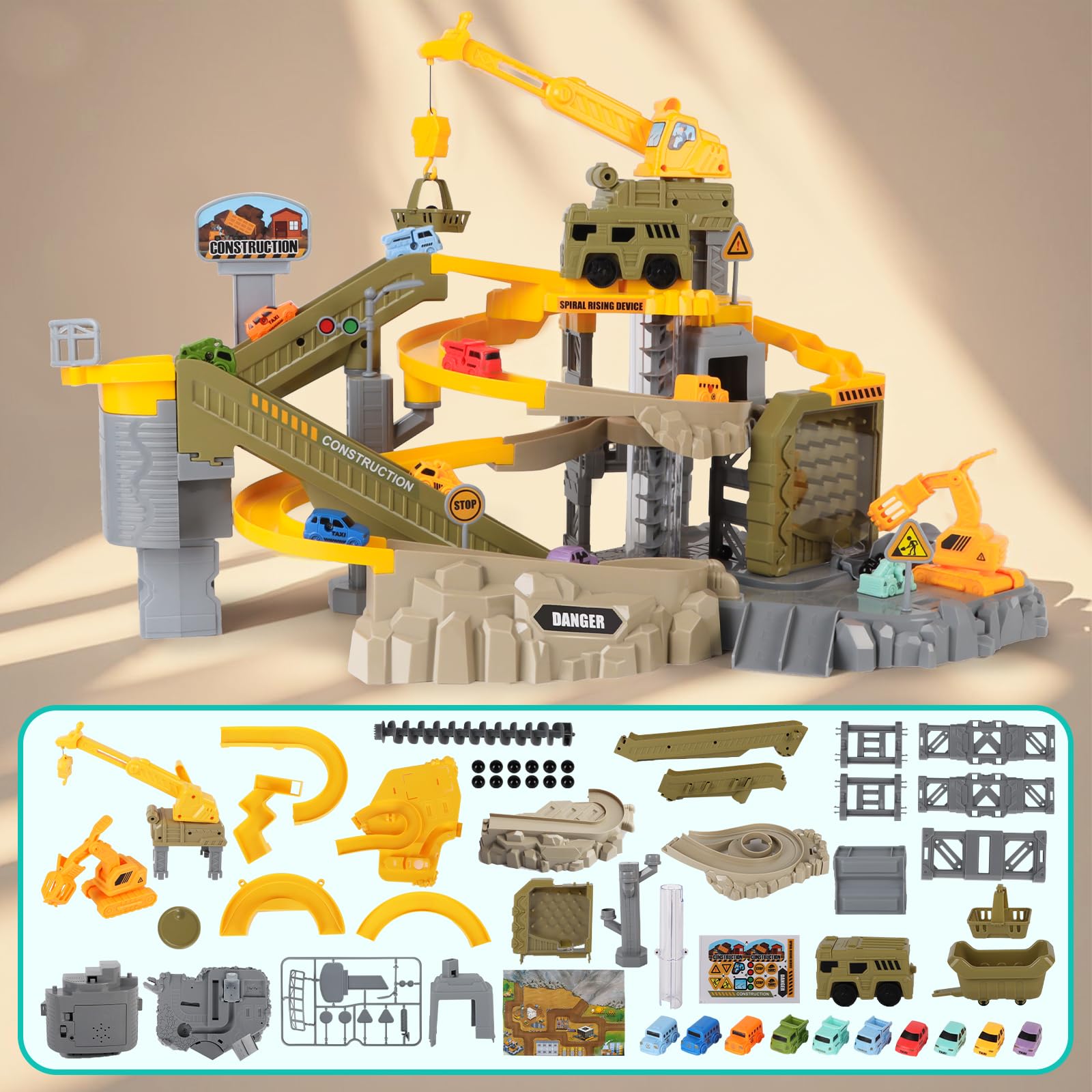 Charmofun Pista de Coches Niños, Construcciones Juguete con 10 Coches Excavadora Teledirigido Gruas, Juguete Transportador Set Educativos Regalos para Niños 5 6 7 8 9 Años