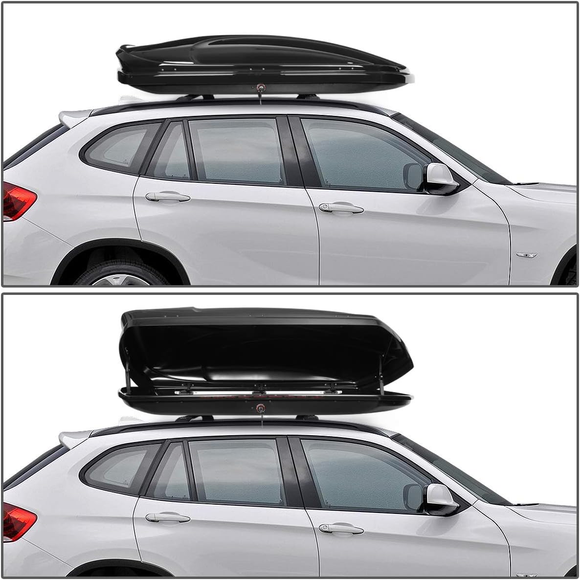 DNA Motoring Rooftop Cargo Box Carrier Compatible with 10-15 BMW X1, Lockable Waterproof Hard Shell Top Mount Carrier w/Lock+Keys + Pair Aluminum Roof Rail Cross Bars, Black, PT-ZTL-8134-BK