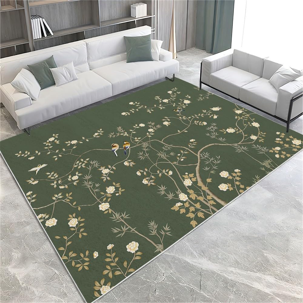 Area Rugs Tappeto soffice per camera da letto, morbido, in stile cinese, motivo floreale con viti e uccelli, tappeto antiscivolo, per soggiorno, balcone, decorazione per la casa, 140 x 200 cm