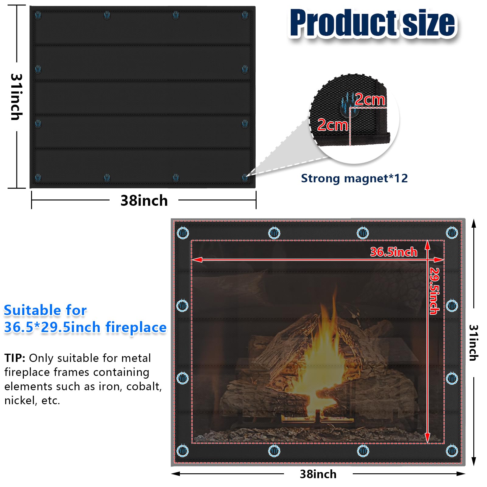 Magnetic Fireplace Blanket For Heat Loss Prevention - Indoor Covers Keep Drafts Out, Built-in 12 Strong Magnets For Iron Frame And Screen, 33x29 - View #2