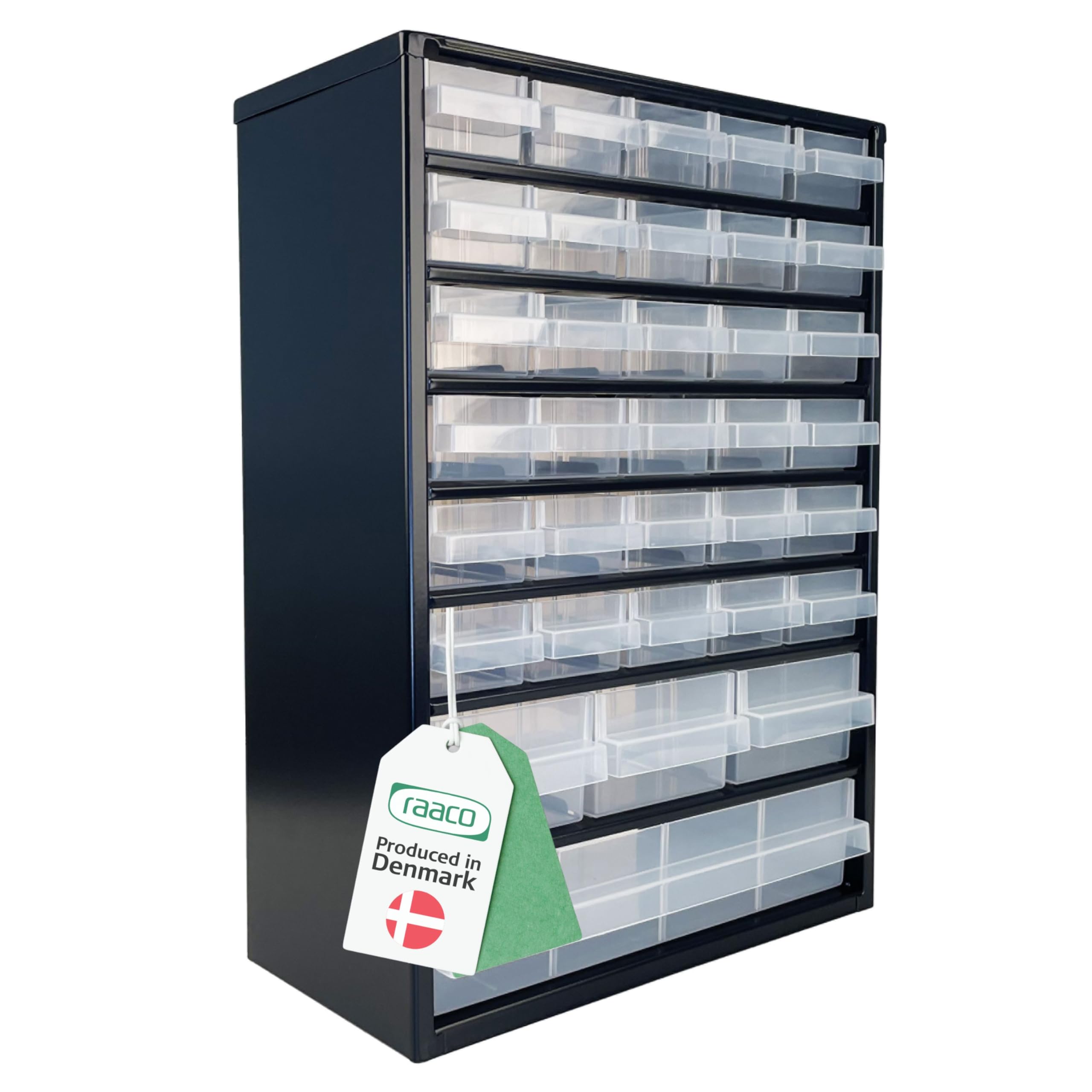 Raaco Kleinteilemagazin C9-34, 26 kg Last, 15 x 30,6 x 42 cm, 34 Schubladen, beschichteter Stahl, geeignet für Wandmontage, Schraubenregal mit Sortierboxen für Kleinteile für Werkstatt Ordnungssystem