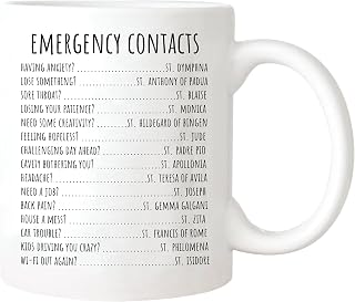 Catholic Saints Mug - Emergency Contact List of Saints - Unique Gift for Godmother, Confirmation, Girls - Traditional Catholic Gifts - 11oz Ceramic Coffee Mug/Tea Cup