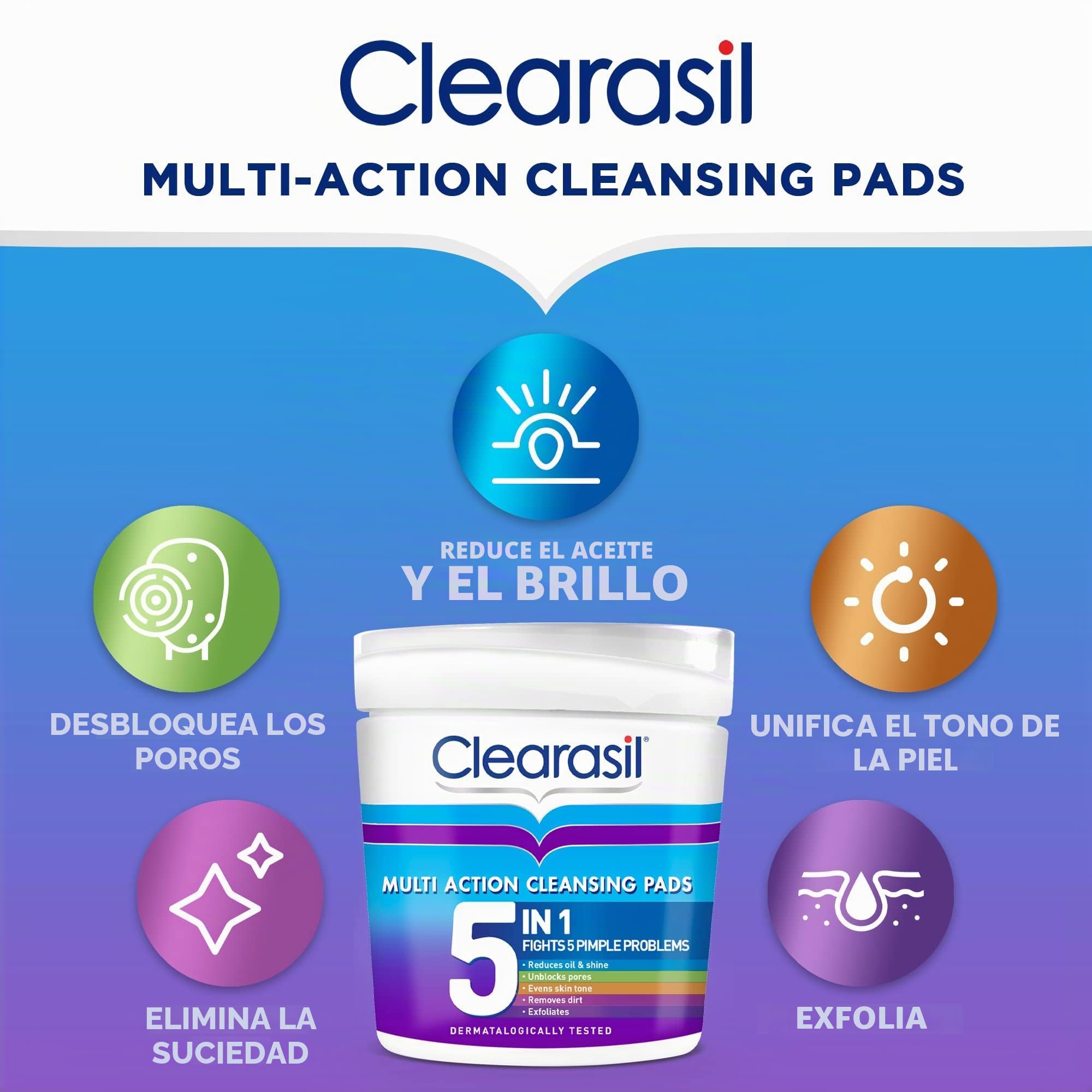 Clearasil Almohadillas de ácido salicílico ultra limpiadoras 5 en 1, exfoliante facial para piel propensa al acné, desbloquea poros, reduce puntos negros, espinillas y exceso de aceite, prevención