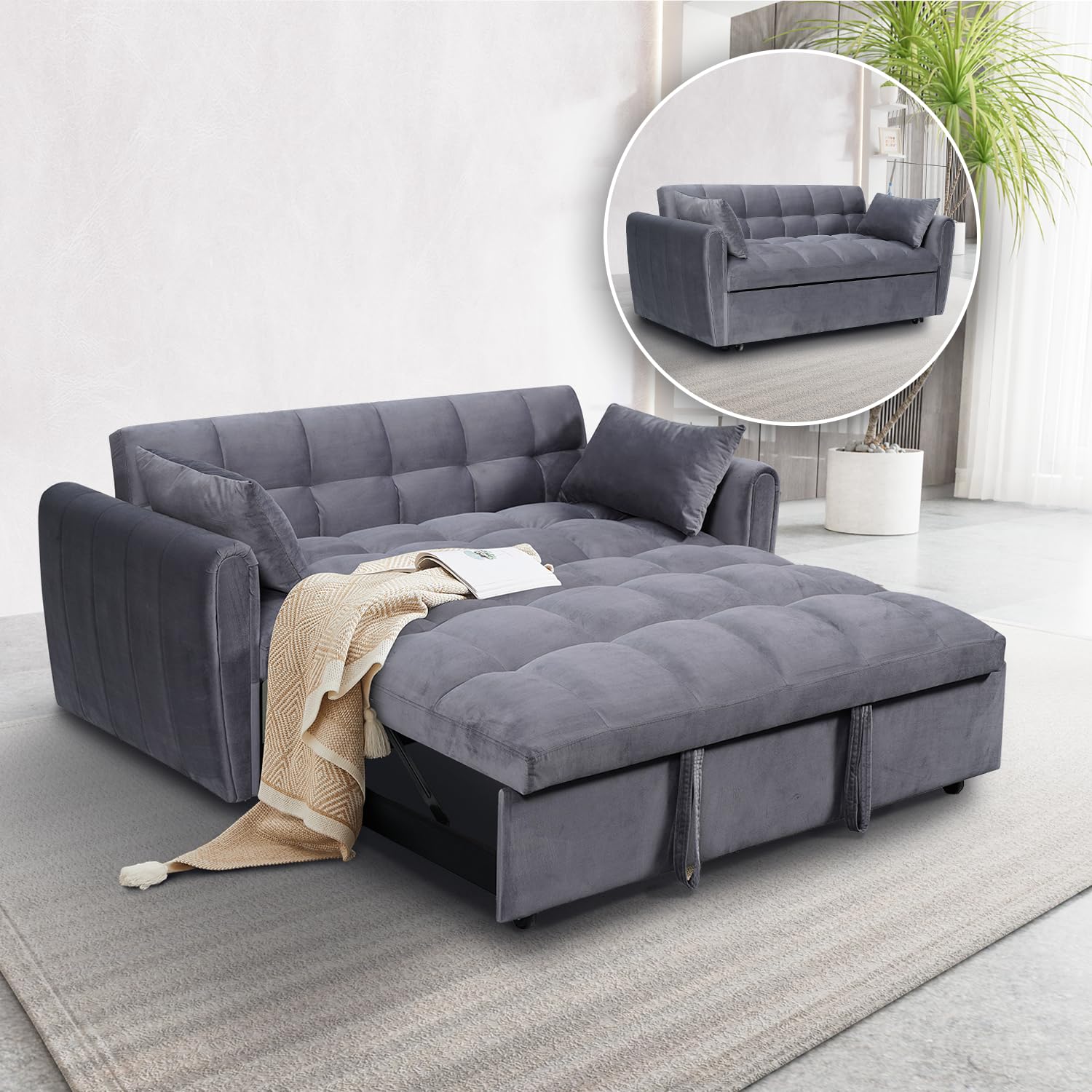 jurmiture 64.9" Velvet Convertible Sofa Bed, 3-in-1 Sleeper Loveseat with Adjustable Backrest & Storage Pocket, Modern Futon for Small Spaces,