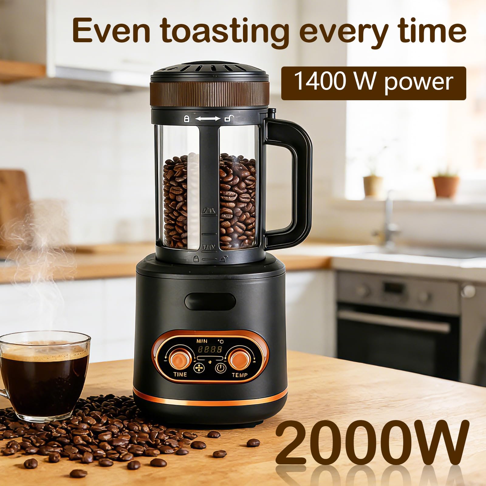 Torréfacteur à café à air chaud 200 g, machine automatique 2200 W pour grains de café, bol à grains séparé, température et minuterie réglables en continu, idéal pour la maison et le café
