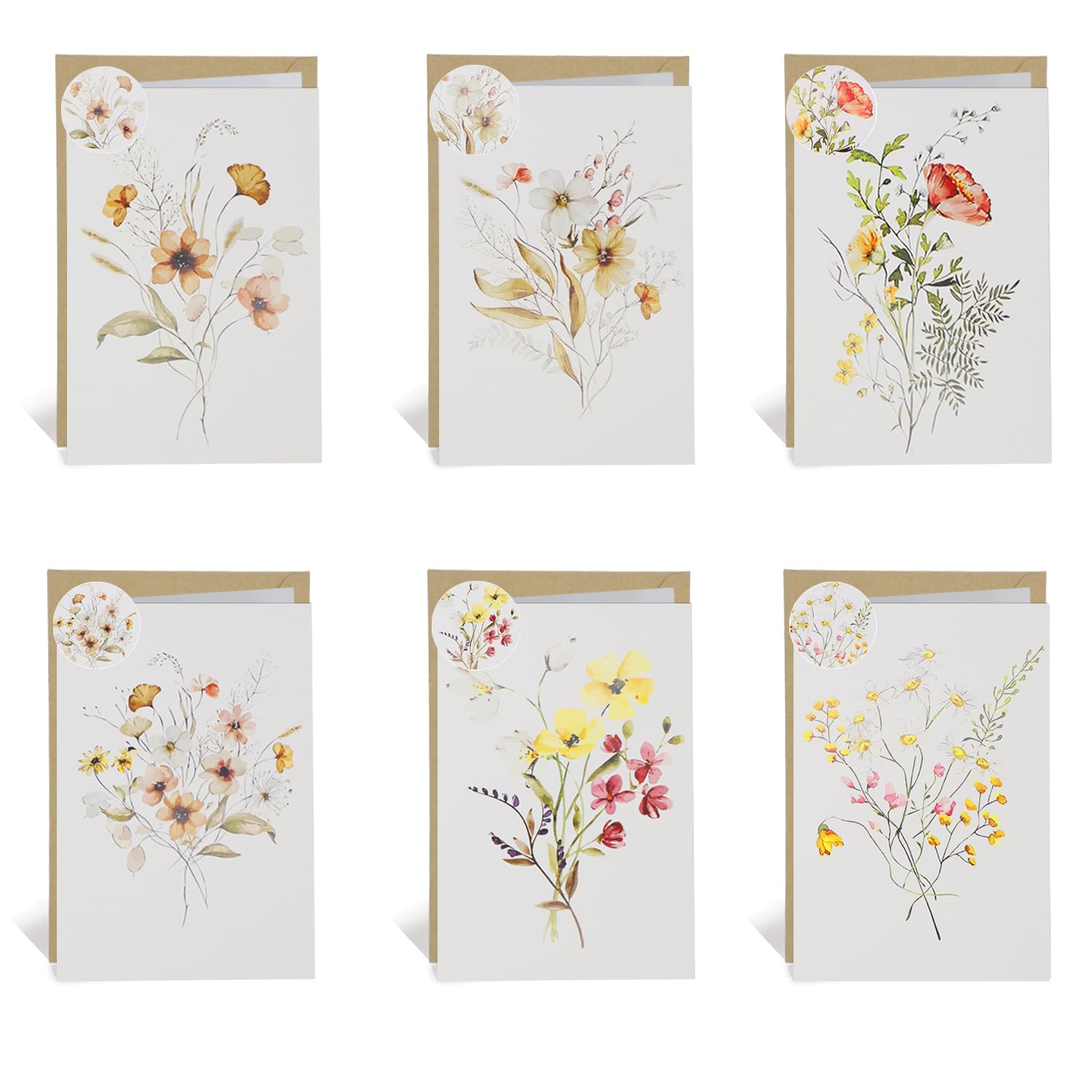 ALLY-MAGIC Set di 6 biglietti di ringraziamento A6 con buste e adesivi bouquet fiori selvatici