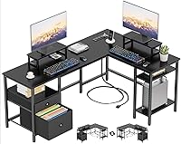 Vista 11 de Furologee Escritorio para computadora en forma de L con toma de corriente, escritorio reversible de oficina en casa para estudio de trabajo, mesa