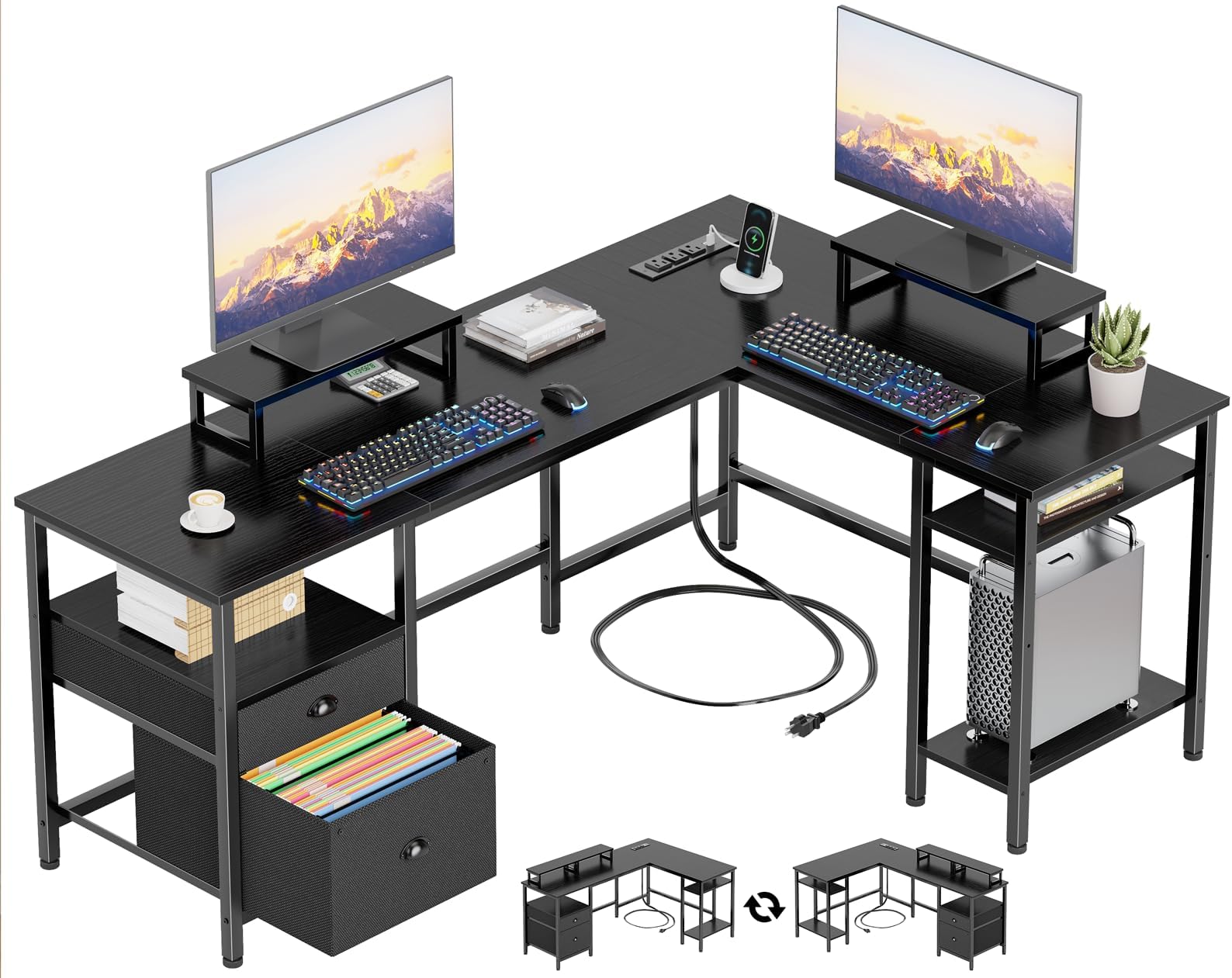 59” L Shaped Desk with Power Outlet, Reversible Computer Desk with File Drawer & 2 Monitor Stands, Corner Home Office Table with Storage Shelves for Gaming Writing, Black