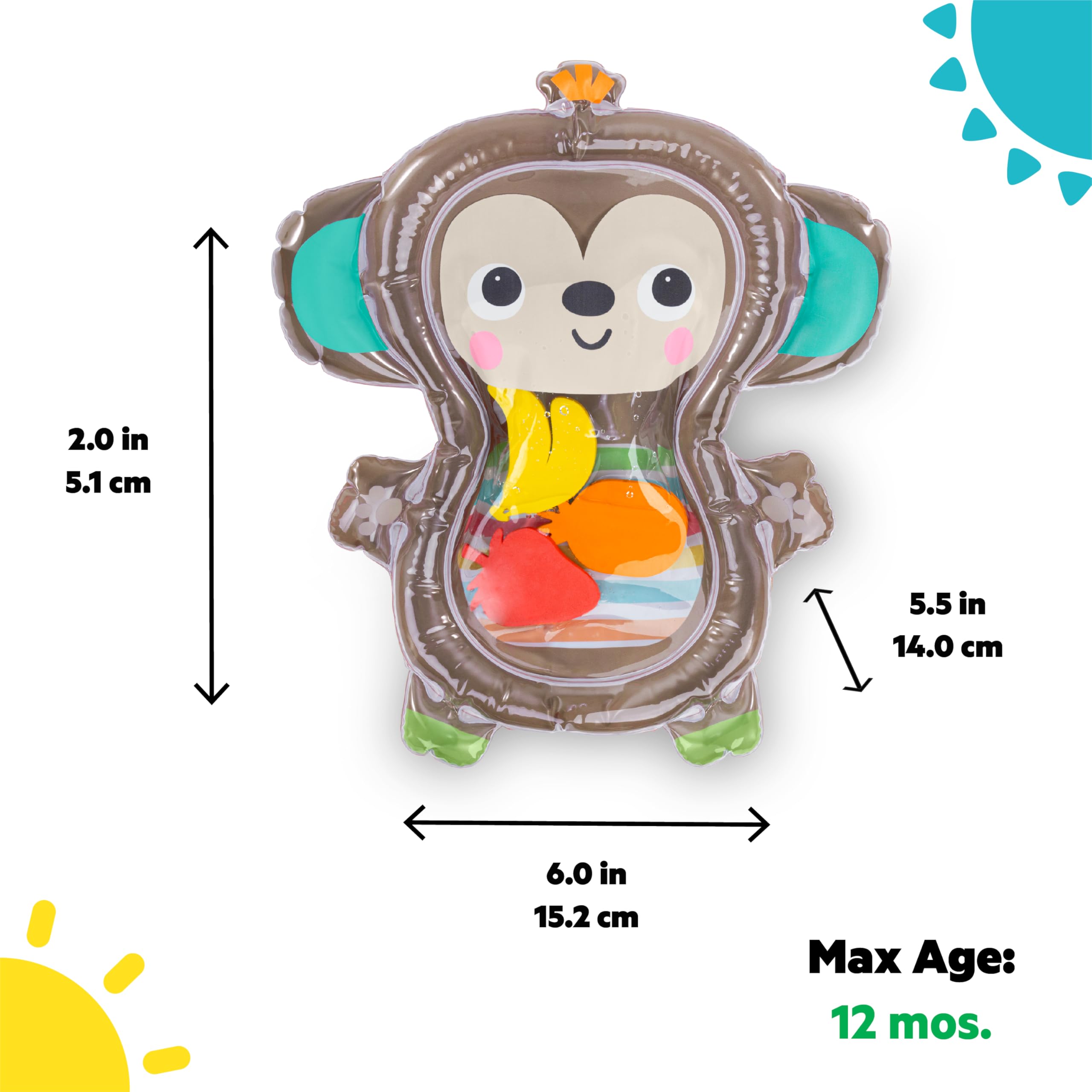 Bright Starts Hungry Monkey mata wodna trybu brzucha, nadmuchiwana zabawka sensoryczna dla małych dzieci w wieku 0-6 miesięcy