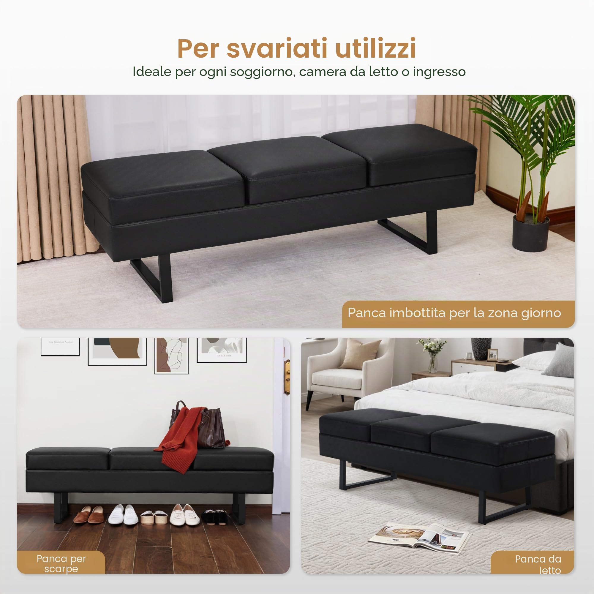 Barberpub 3 posti per salone spa, larghezza 153 cm, banc d'attesa parrucchiere, imbottito per camera, da letto per soggiorno, arredamento parrucchiere W513 (Nero/Finta Pelle)