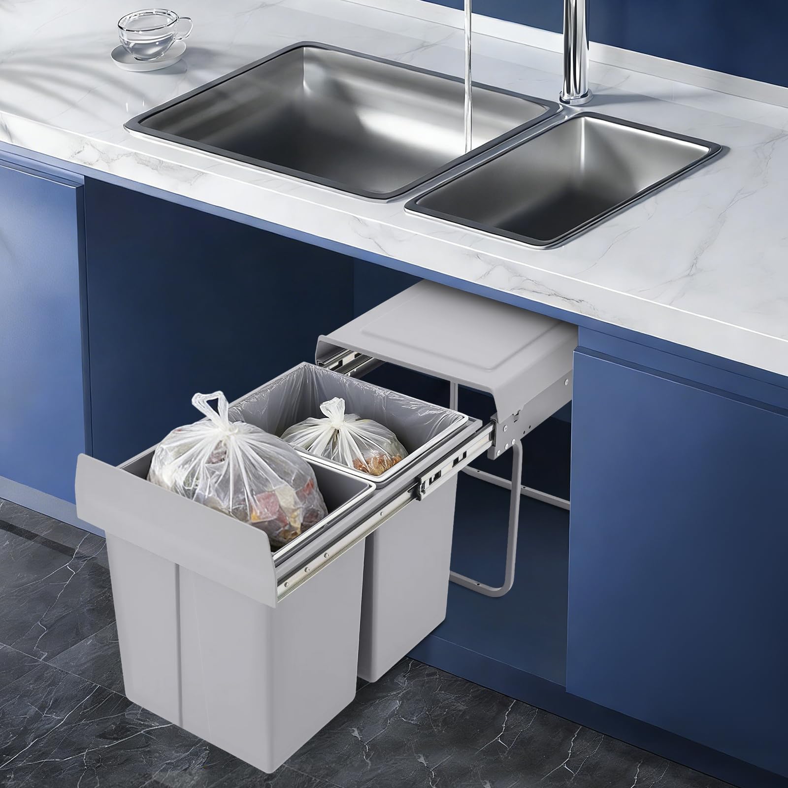 Cubo de basura de cocina de 40 L, extraíble, con 2 cubos, antideslizante, para hogares, restaurantes, cafeterías, oficinas, baños, cocinas, ahorradores de espacio debajo del armario