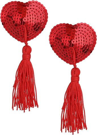 Dimeho Women Breast Pasties Halloween Reusable Nipple Stickers Cover Adhesive Heart-Shaped Breast Bra with Sequins Tassel Red