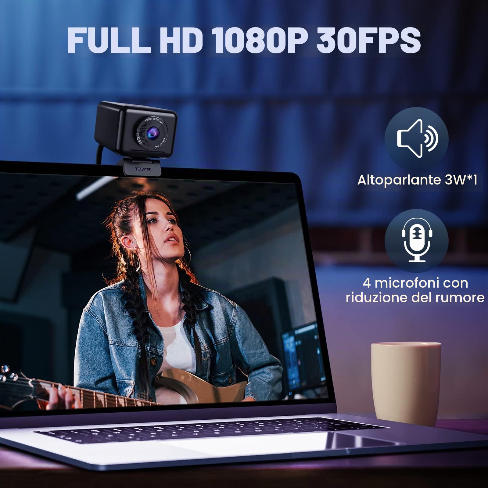 EMEETWebcam HD 1080P in streaming con 4 microfoni de-noise, foco intelligente AI e correzione bassa, FOV regolabile, copertura privacy, plug & play webcam USB-C per YouTube, Gaming